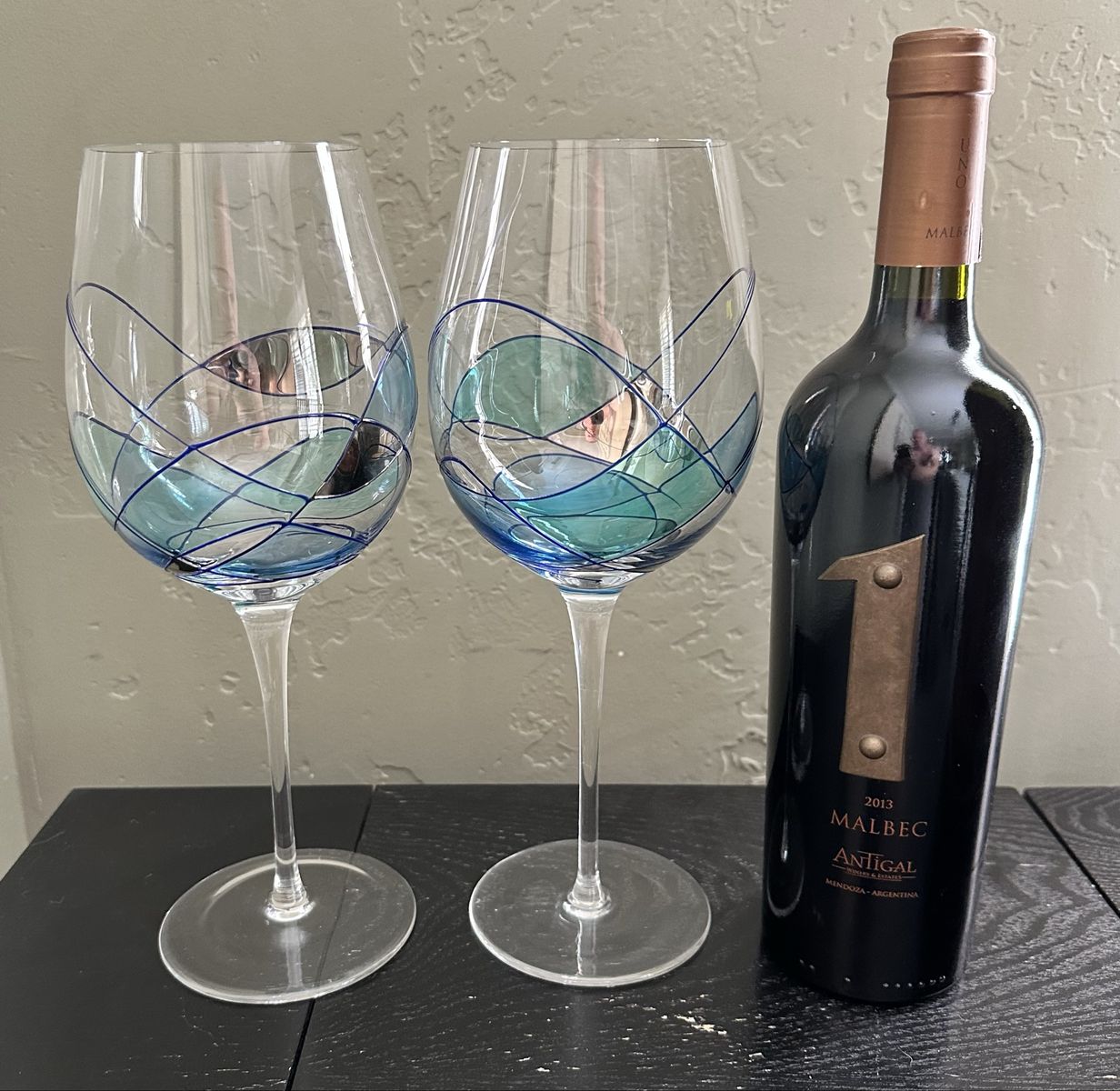 Set of 2 XL 11" Hand-Painted Blue Oversized Wine Glasses - Unique Glassware Decor