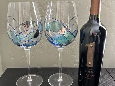 Set of 2 XL 11" Hand-Painted Blue Oversized Wine Glasses - Unique Glassware Decor