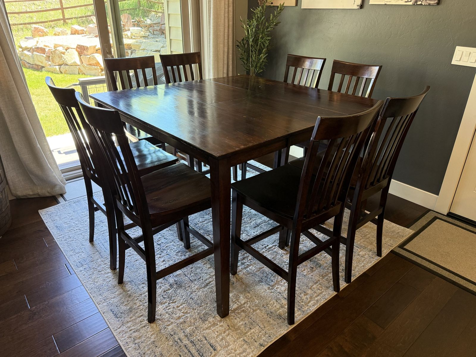 Dark Wood Dining Table Set with 8 Chairs - Extendable Leaf, Counter Height