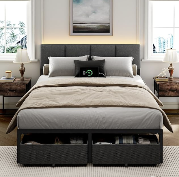 NEW Furnulem Full Size Bed Frame & Headboard Upholstered Full Bed Frame with LED | Charging Station