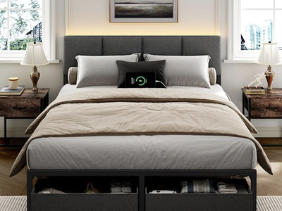 NEW Furnulem Full Size Bed Frame & Headboard Upholstered Full Bed Frame with LED | Charging Station
