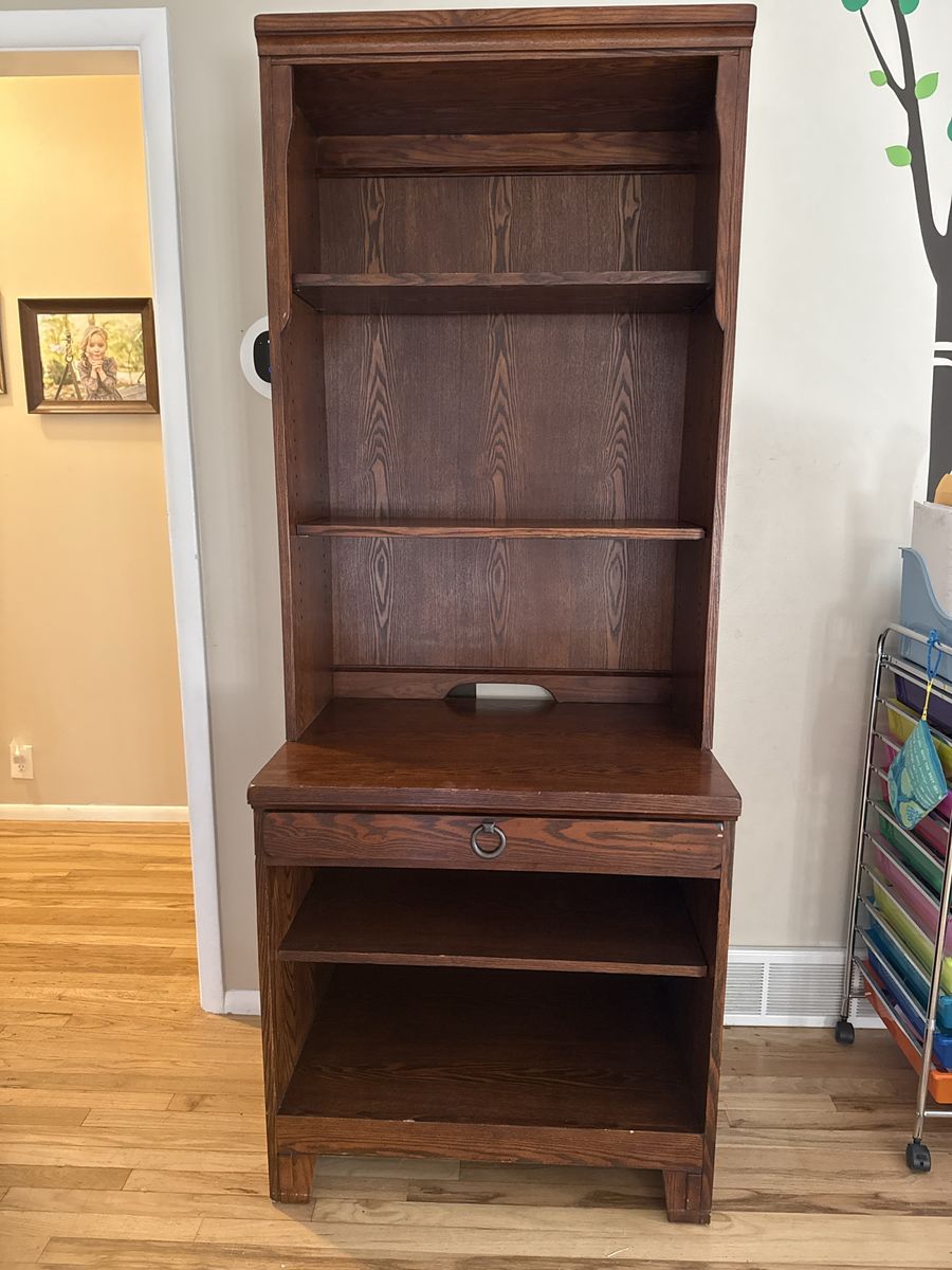 Dark Wood Secretary Desk Hutch Combo with Shelves and Drawer
