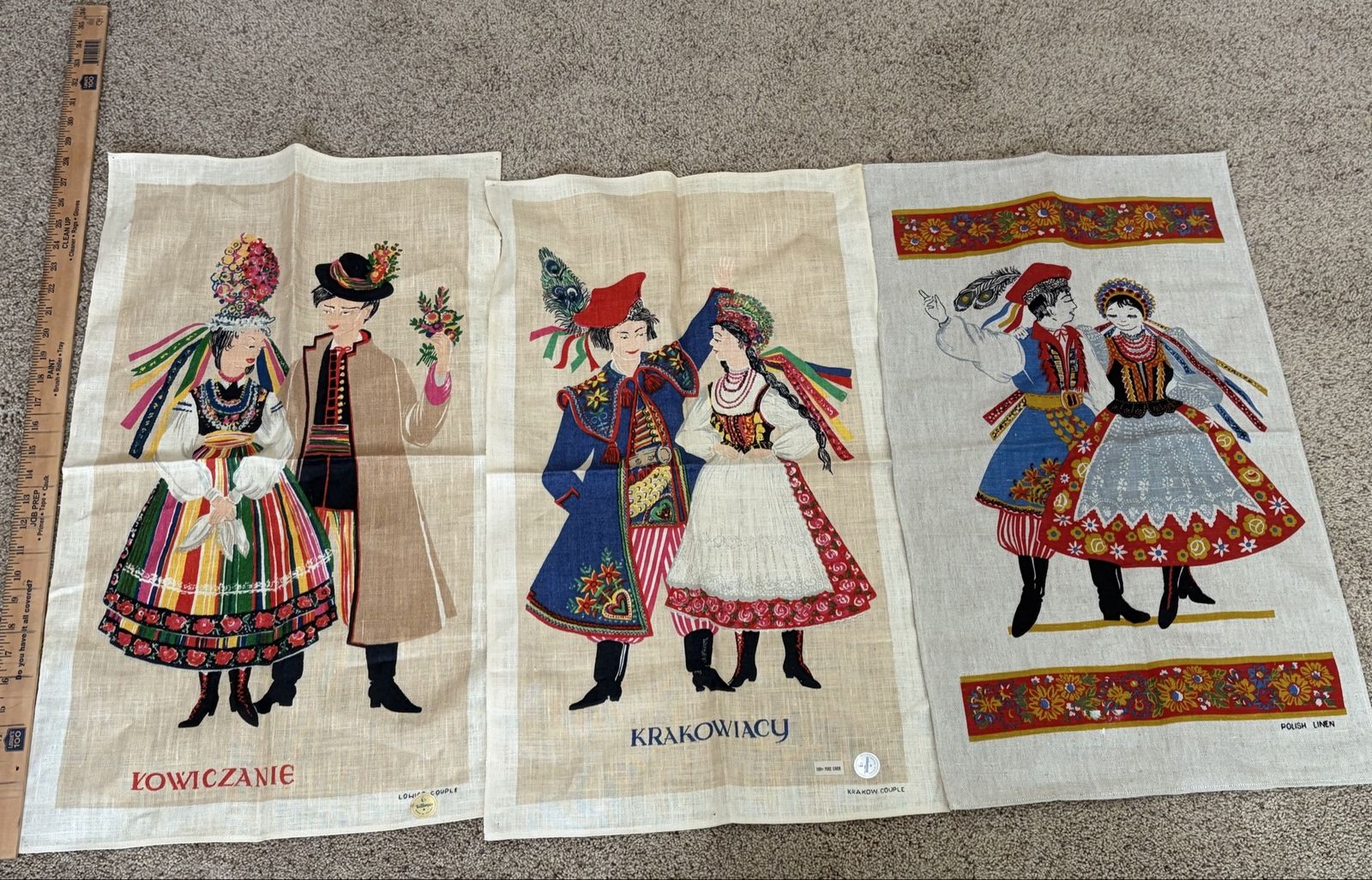Vintage Polish Linen Tea Towels Set of 3 Traditional Folk Dance Costumes
