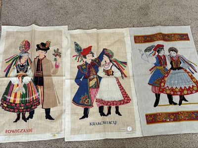 Vintage Polish Linen Tea Towels Set of 3 Traditional Folk Dance Costumes