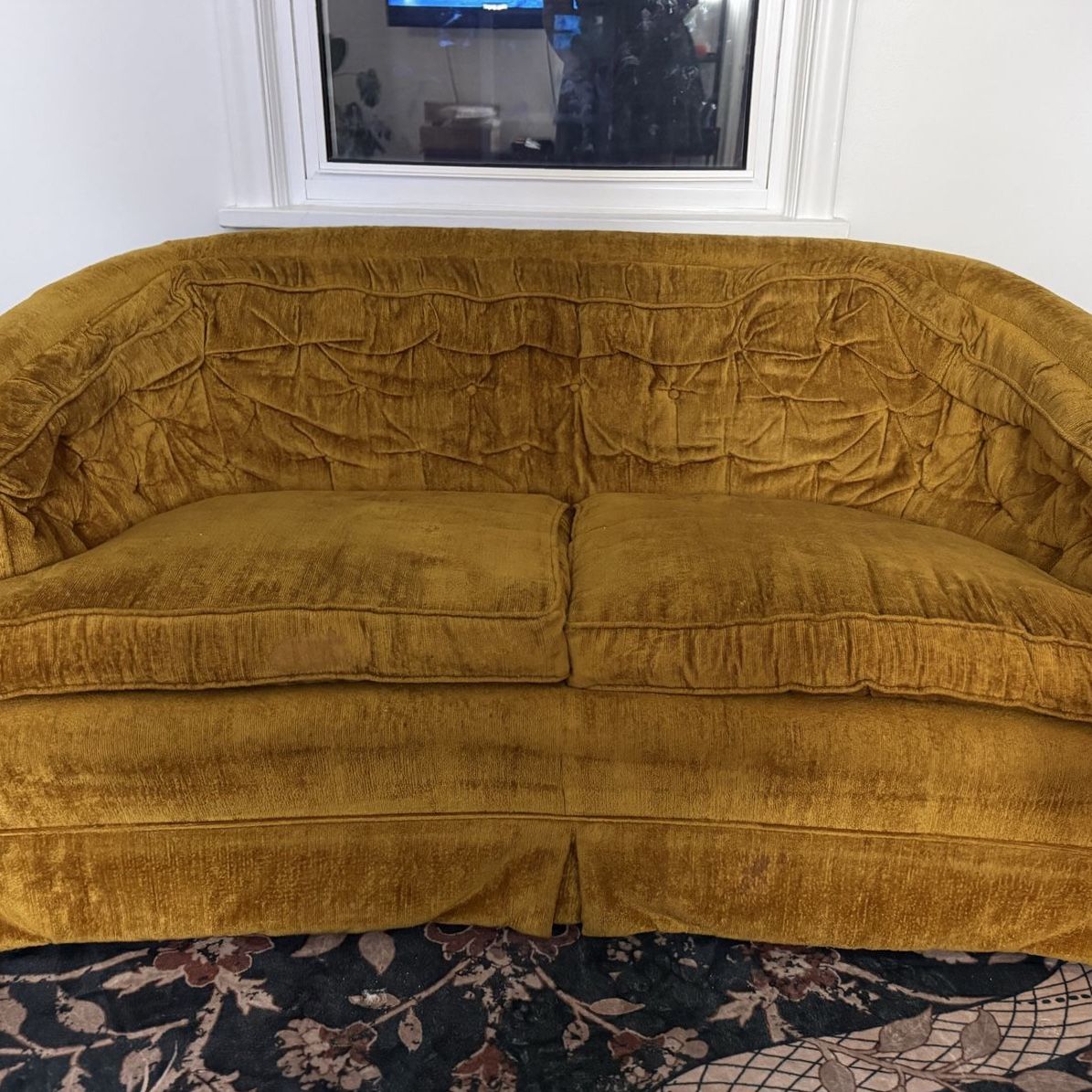 Vintage yellow/gold velvet love seat pair