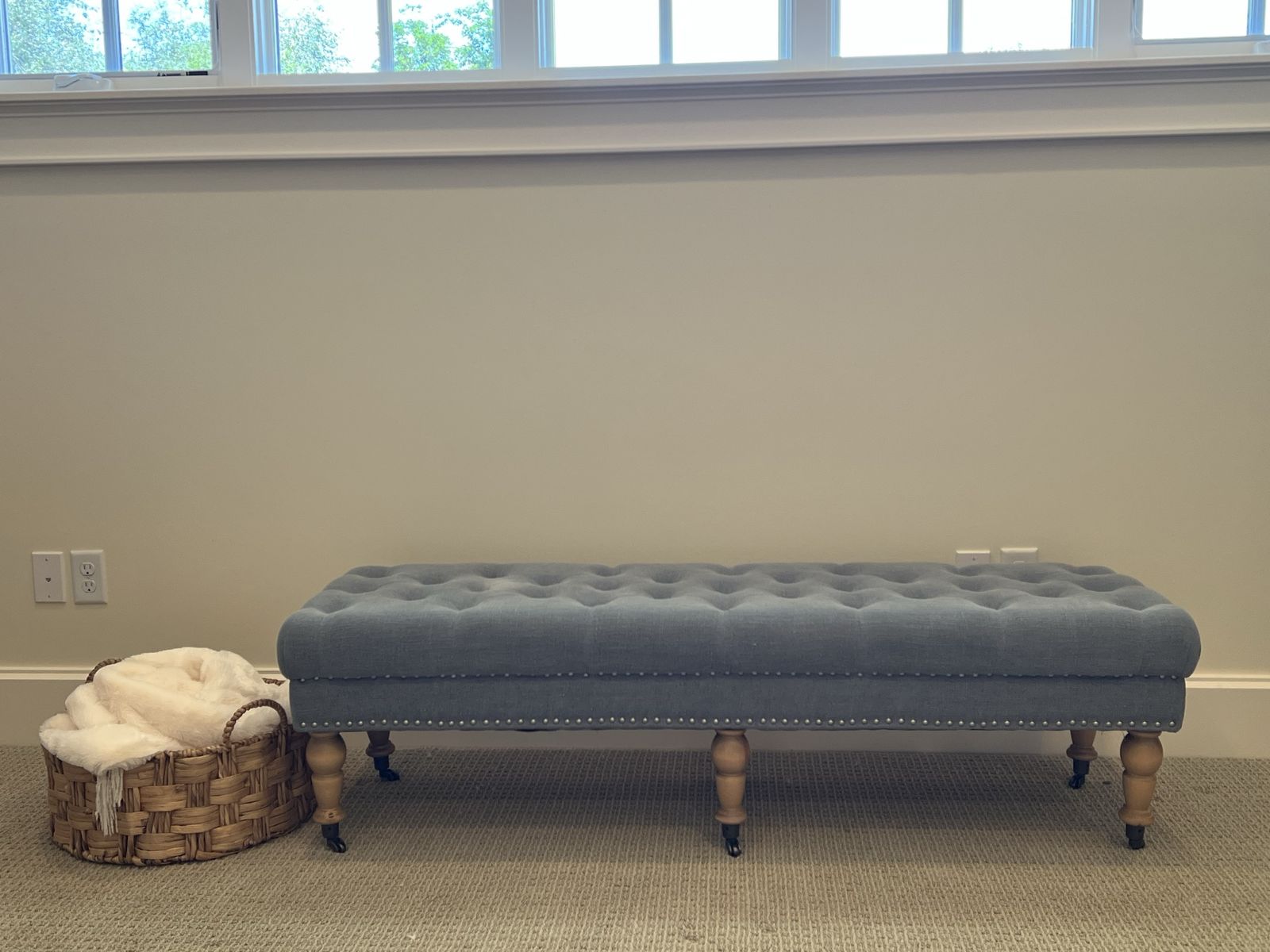 Tufted Upholstered Bench with Nailhead Trim and Casters