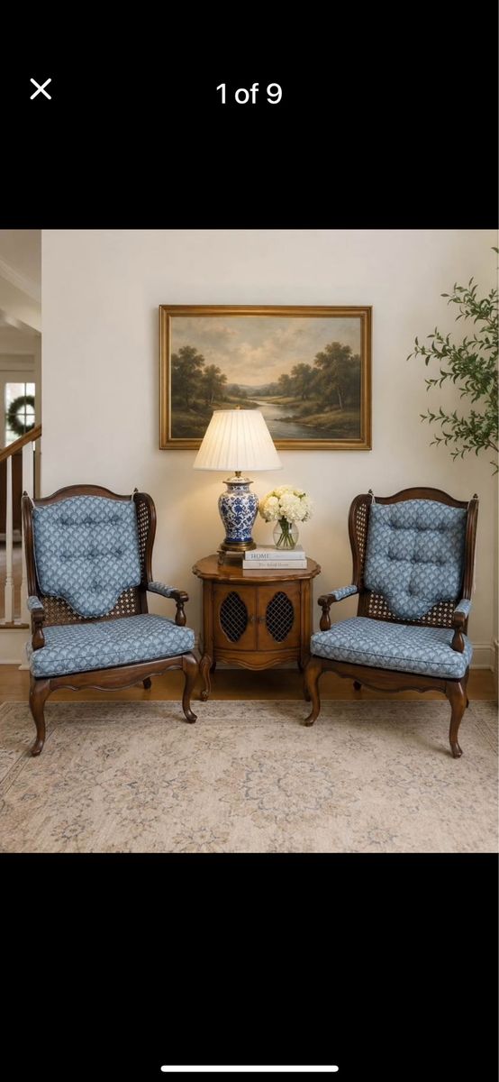 Vintage Queen Anne Wingback Chairs - Matching Pair, Cane Sides, Blue Upholstery