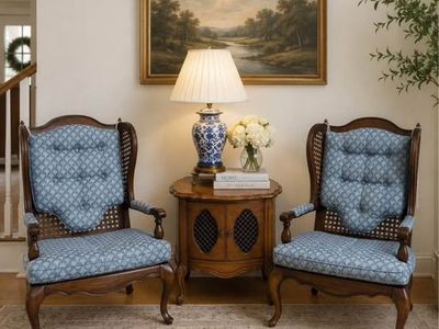 Vintage Queen Anne Wingback Chairs - Matching Pair, Cane Sides, Blue Upholstery