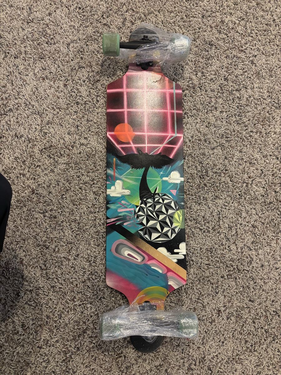 Custom Art Hand painted Longboard with Vaporwave Graphic and Green Wheels