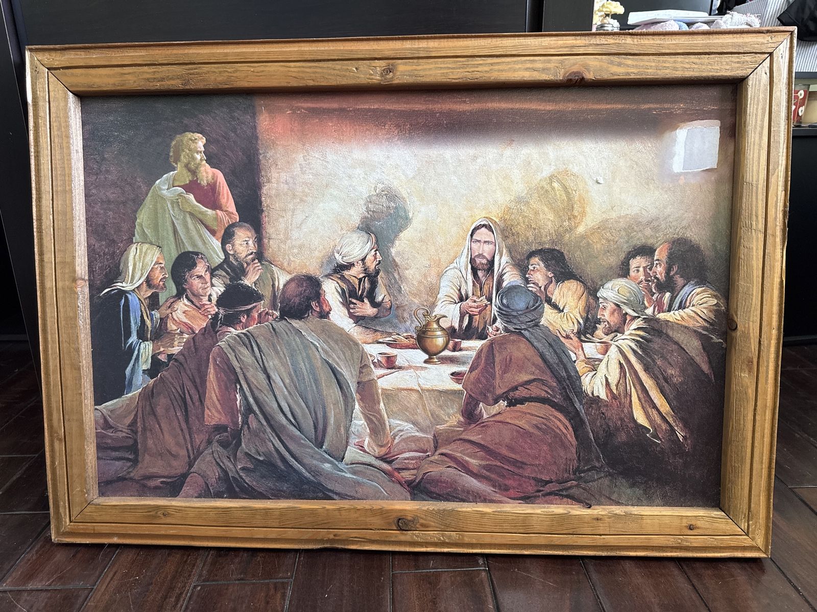 Vintage Framed "The Last Supper" Print, Wooden Frame, Religious Wall Art Decor
