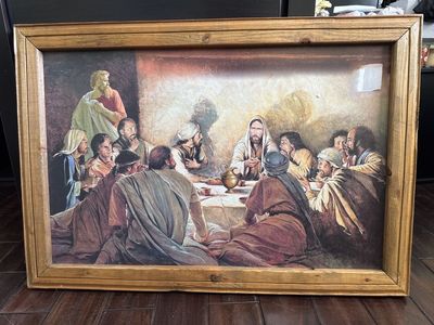 Vintage Framed "The Last Supper" Print, Wooden Frame, Religious Wall Art Decor