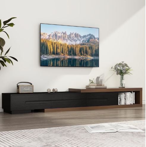 Extendable TV Stand for up to 120" TVs, Wood Reversible, 3 Drawers, Black