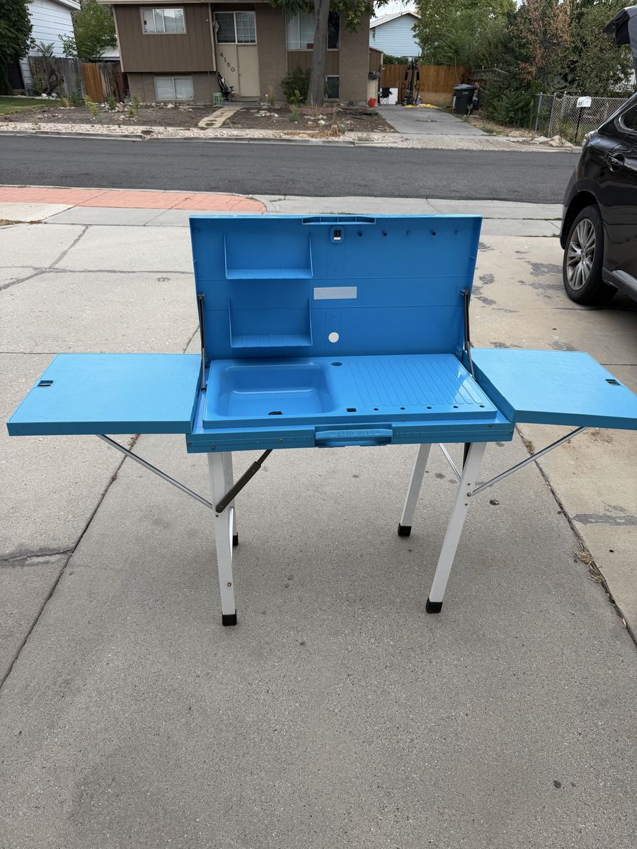 Portable Camping Kitchen Table with Sink and Side Tables - Blue