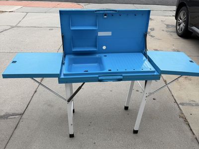 Portable Camping Kitchen Table with Sink and Side Tables - Blue