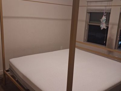 king size bed frame with mattress 3months use no pets no stains been with mattress cover