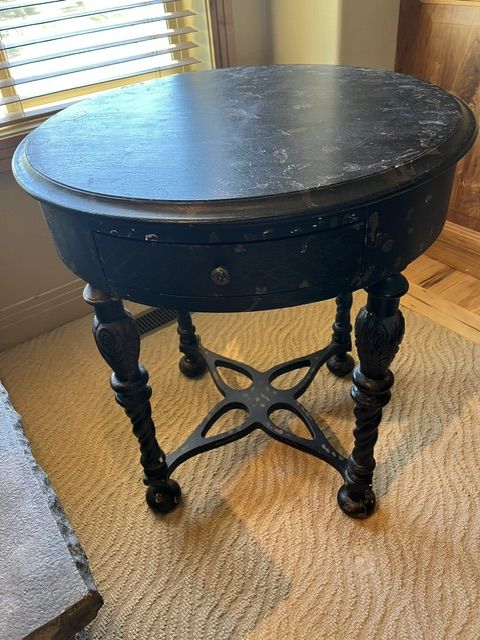 Vintage Black Round Accent Table with Drawer and Ornate Carved Legs - Antique Style End Table