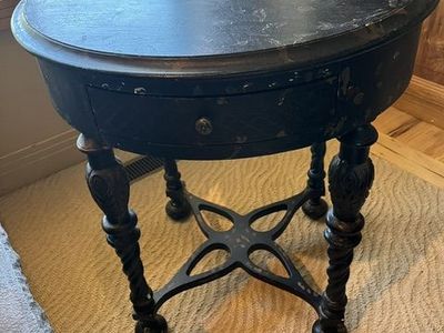 Vintage Black Round Accent Table with Drawer and Ornate Carved Legs - Antique Style End Table