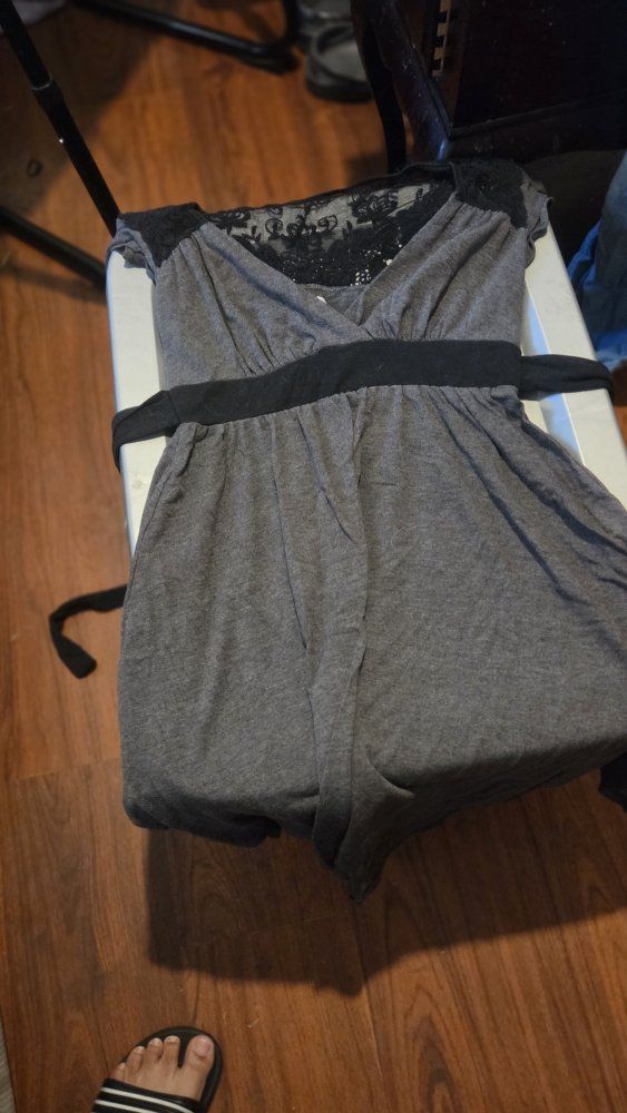 Speeckless Gray Romper Size M with Black Lace Detail and Tie Waist