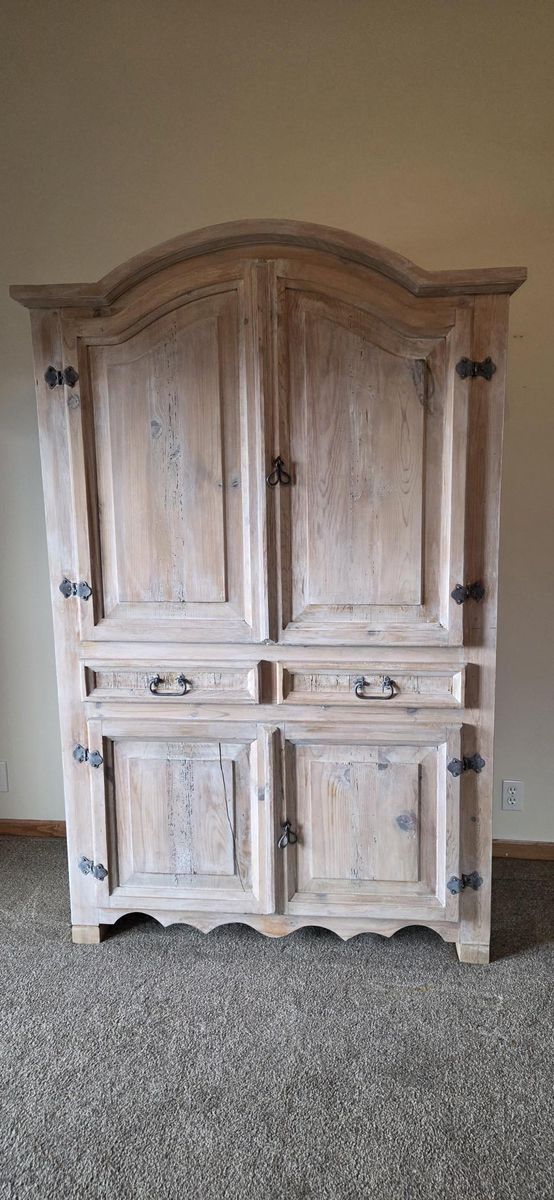 Beautiful Rustic Pine White washed Wood Armoire.