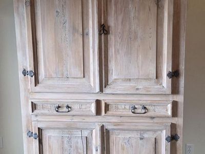 Beautiful Rustic Pine White washed Wood Armoire.