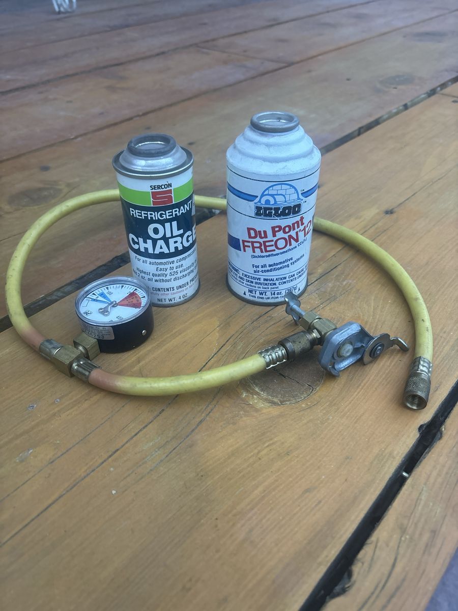 DuPont Freon 12 R12 Refrigerant, Sercon Oil Charge, & Fill Hose w/ Gauge (Used)