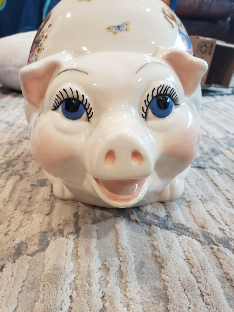 Vintage 1983 Hand Painted Ceramic Piggy Bank Nursery Rhyme Decals Large Pig