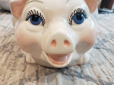 Vintage 1983 Hand Painted Ceramic Piggy Bank Nursery Rhyme Decals Large Pig