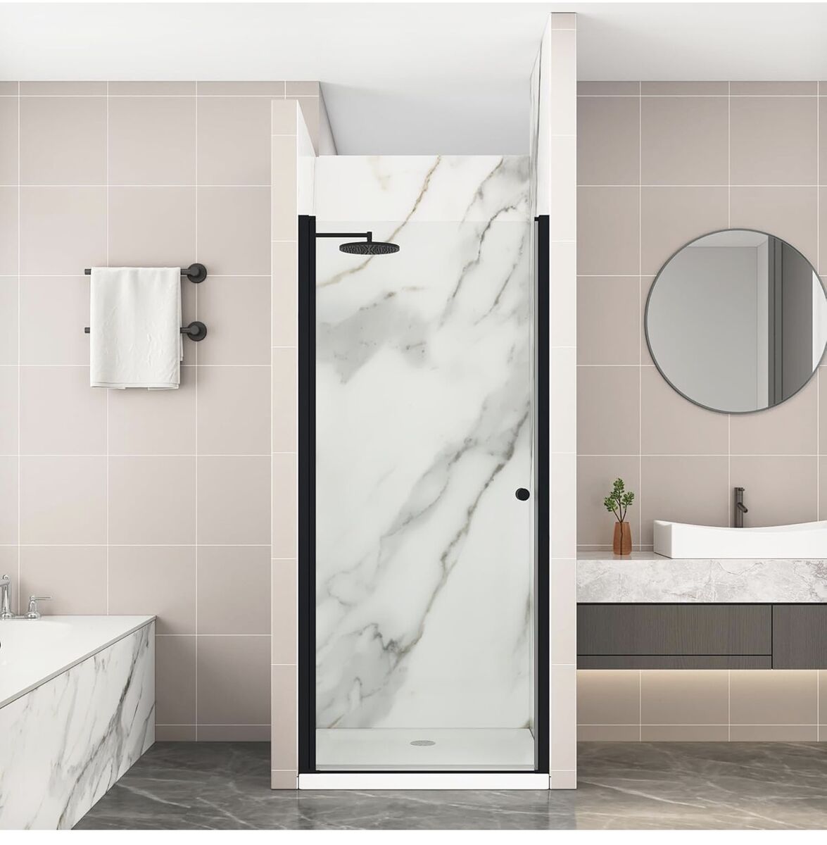 Pivot Shower Door 32-34" x72" Frameless Shower Door Black Finish, Reversible