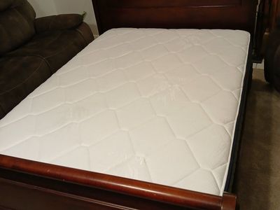Wooden Sleigh Bed Frame with Slats and Mattress