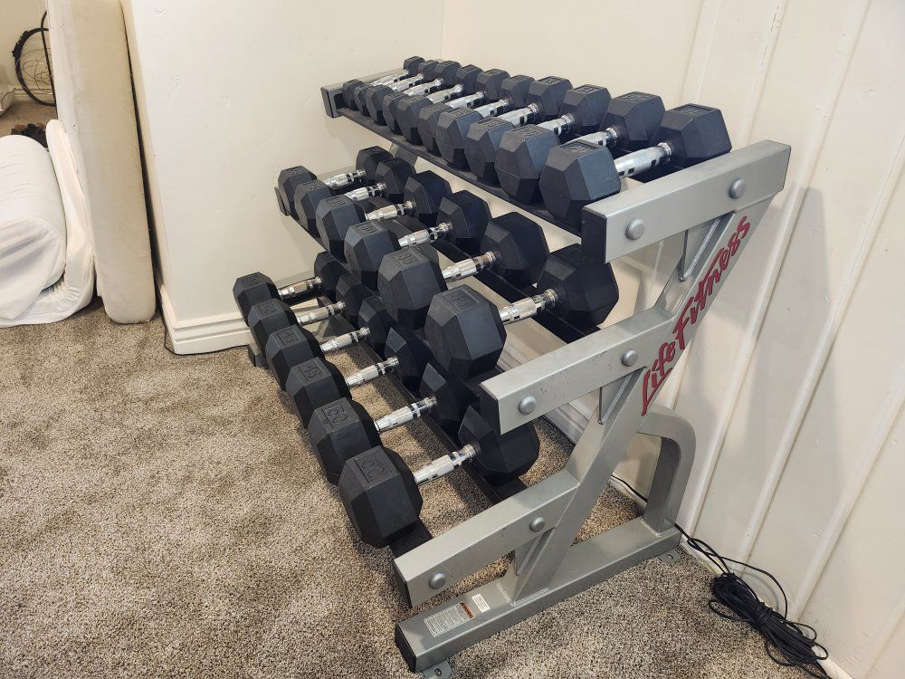 5-50 LB Rubber Hex Dumbbell Set with Rack