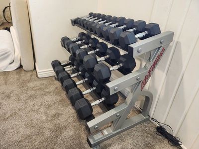 5-50 LB Rubber Hex Dumbbell Set with Rack