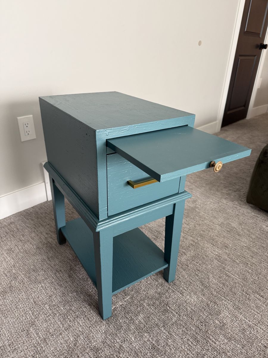 Nightstand, teal, with sliding tray