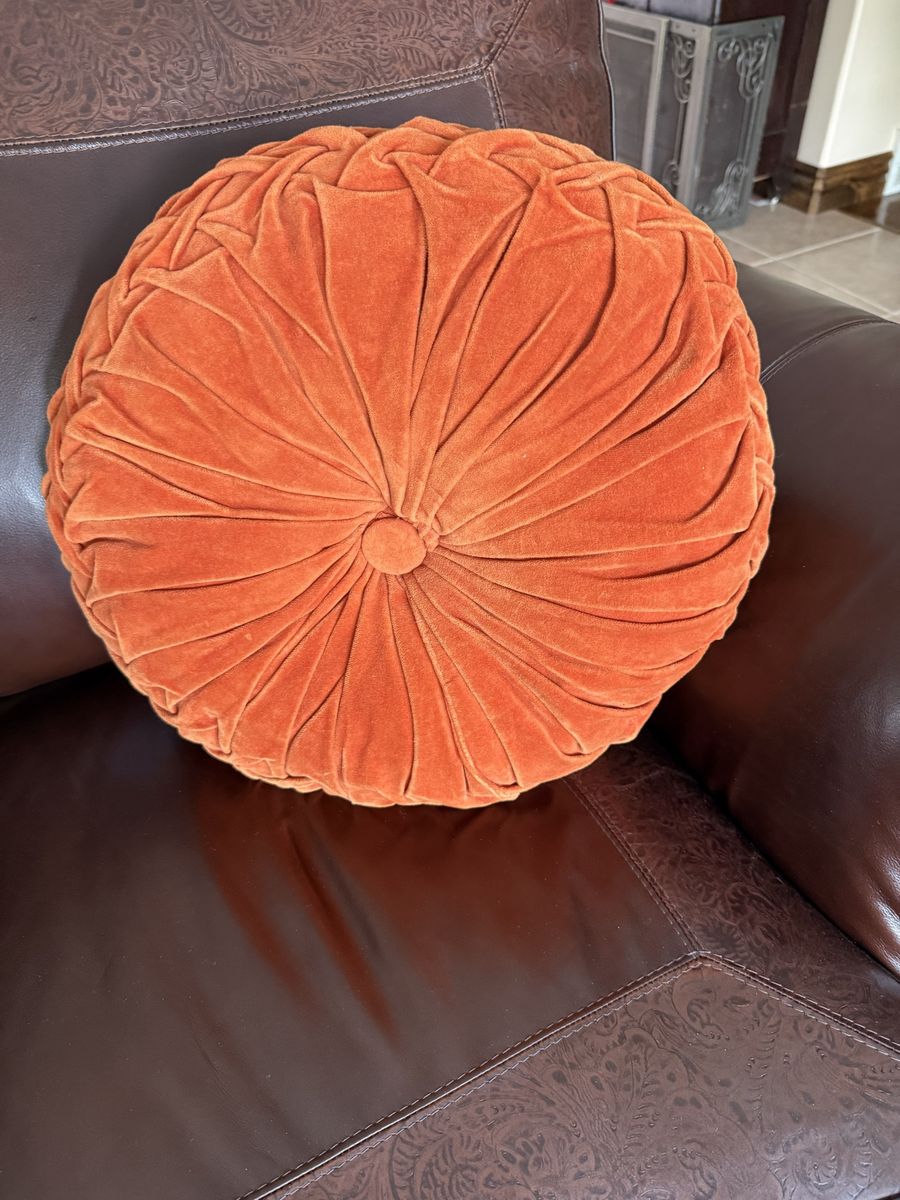 Large round vintage orange toss pillow 20”