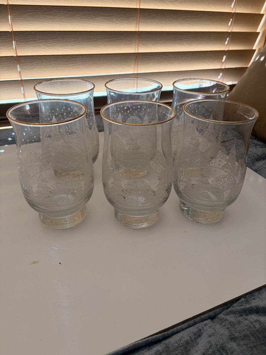 Vintage Frosted Winter Scene Glassware Set of 6 with Gold Trim