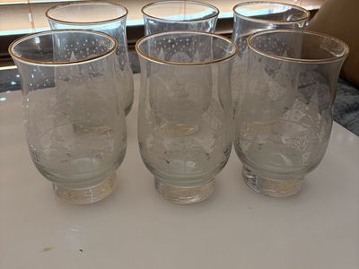 Vintage Frosted Winter Scene Glassware Set of 6 with Gold Trim