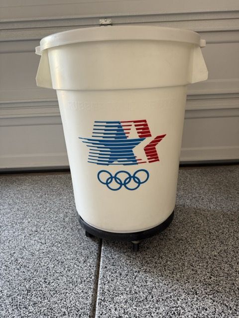 1984 Olympic memorabilia 32 gal Rubbermaid container