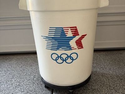 1984 Olympic memorabilia 32 gal Rubbermaid container