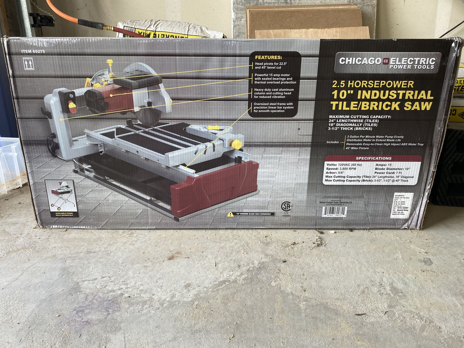 Chicago Electric 2.5 HP 10" Industrial Tile/Brick Wet Saw – New in Box