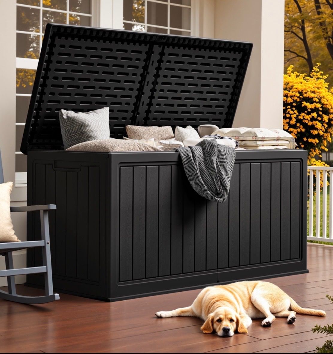 Large Black Outdoor Storage Deck Box, Weatherproof Resin, 120 Gallon Capacity