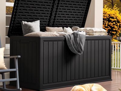 Large Black Outdoor Storage Deck Box, Weatherproof Resin, 120 Gallon Capacity