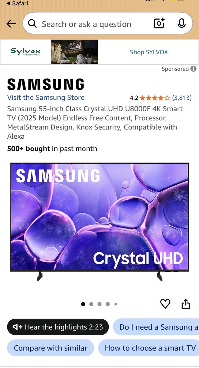 Samsung 55" Crystal UHD U8000F 4K Smart TV (2025 Model) with Alexa