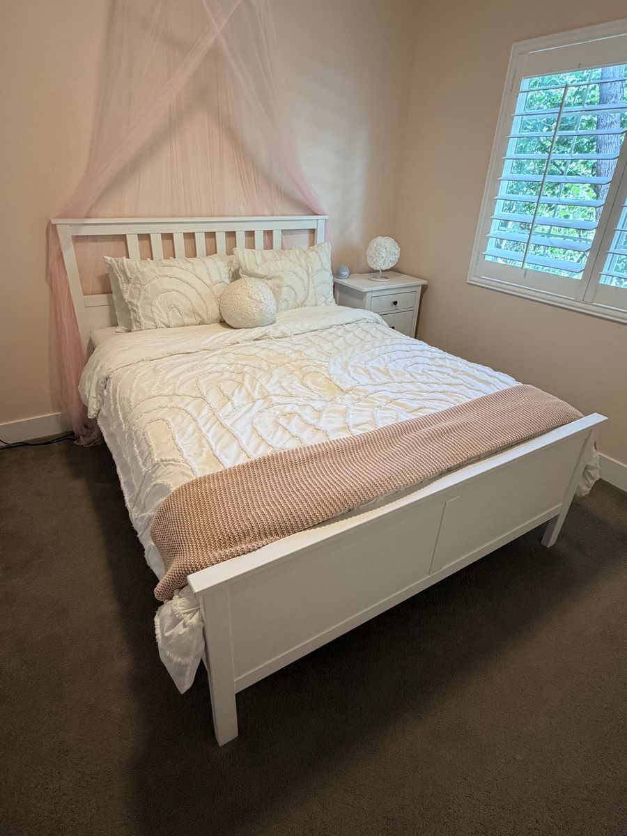 White IKEA Hemnes Queen Size Bed Frame with Headboard and Footboard - Excellent Condition
