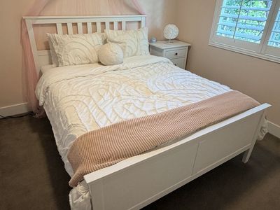 White IKEA Hemnes Queen Size Bed Frame with Headboard and Footboard - Excellent Condition