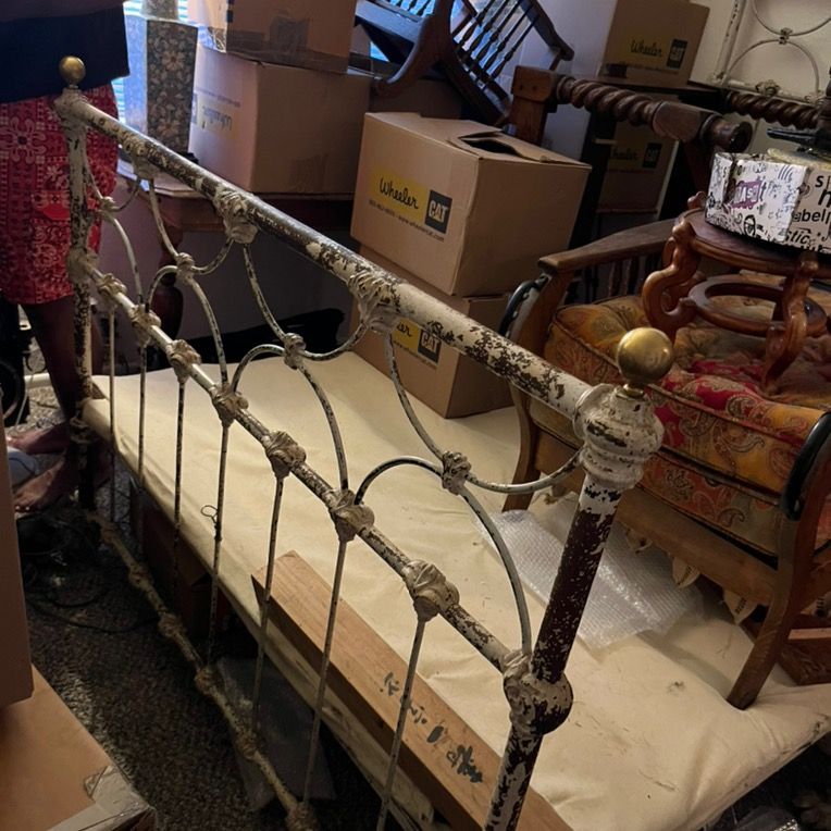 Vintage Metal Twin Bed Frame - Ornate White Distressed Finish with Brass Accents, Classic Design
