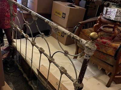 Vintage Metal Twin Bed Frame - Ornate White Distressed Finish with Brass Accents, Classic Design