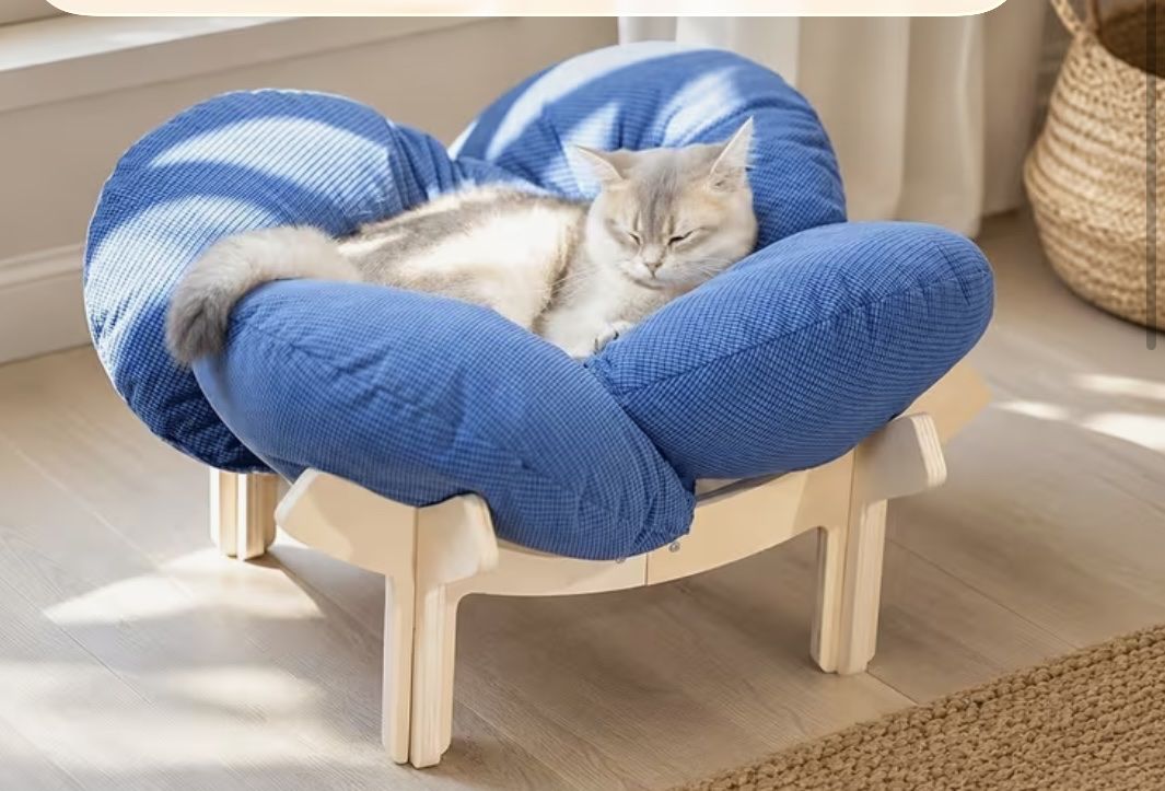 Elevated Wooden Cat Bed Frame with Plush Cushion 22 Inch