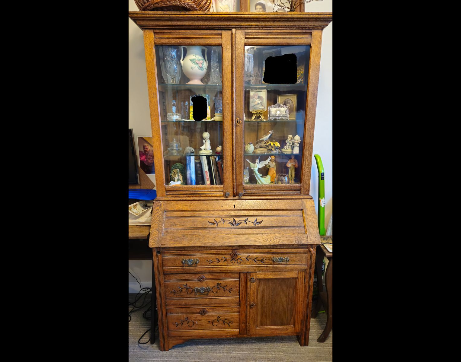 Oak Antique Secretary with Glass Door Hutch