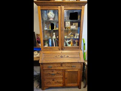 Oak Antique Secretary with Glass Door Hutch