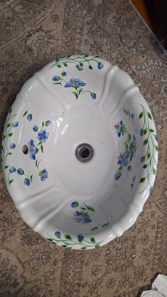 Vintage Le Bijou Drop-In Bathroom Sink Basin - Blue Fleurs Floral Hand Painted  Ceramic