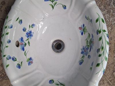 Vintage Le Bijou Drop-In Bathroom Sink Basin - Blue Fleurs Floral Hand Painted Ceramic